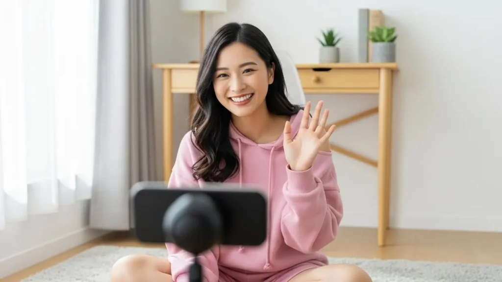 Webカメラに向かって笑顔で手を振りアピールする稼げるチャットレディ