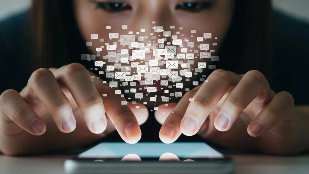 メールレディとして稼ぐためにスマホで大量のメールを作成する女性の手元