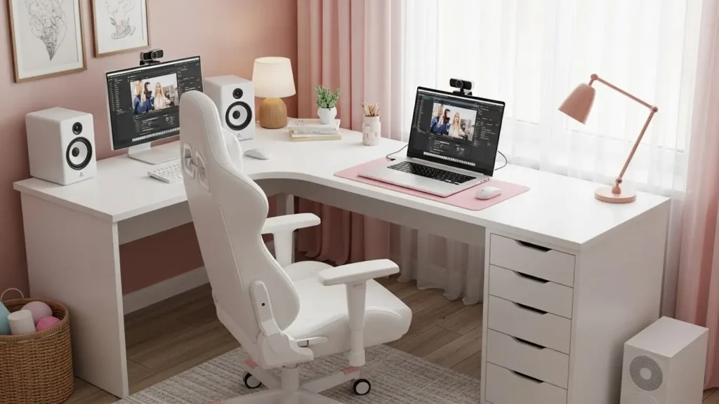 清潔感があり可愛らしく装飾されたチャットレディの配信部屋の背景