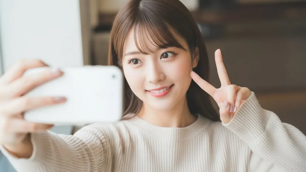 スマホアプリを使って盛れる角度で自撮りをする日本人女性