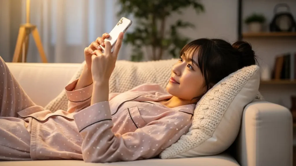 リラックスした部屋着姿で男性会員にアタックメールを送る女性