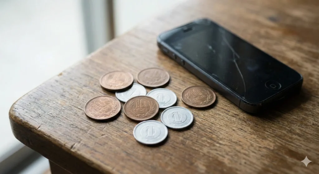 メールレディの低単価な報酬を象徴する机の上の小銭とスマートフォン