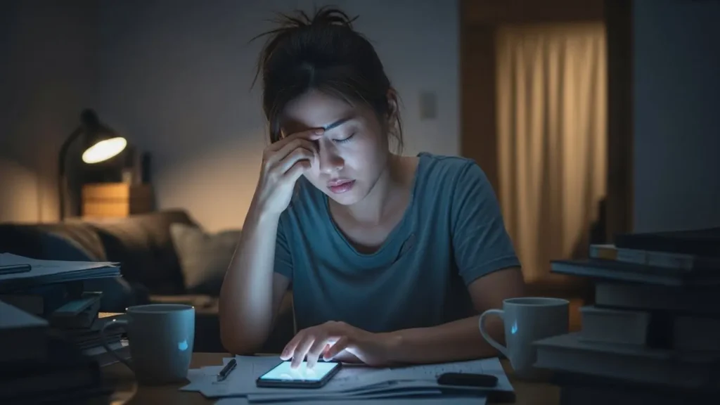 深夜までスマホでメールを作成し続け疲労困憊している女性
