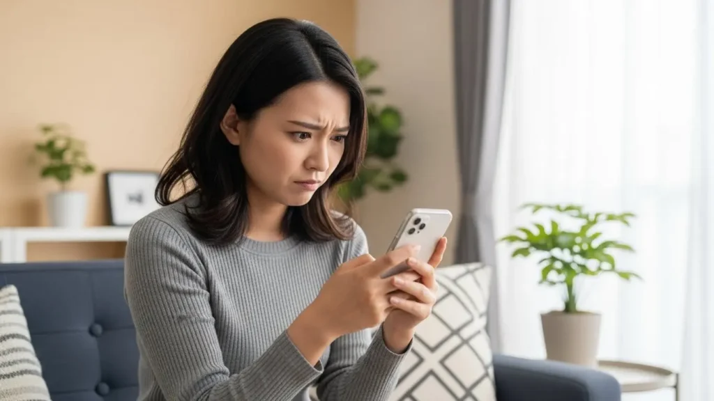 嫌悪感を抱くような不快なメールを受信し困惑する女性