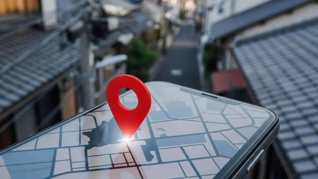 位置情報特定のリスクを示す地図アプリと日本の住宅街の背景