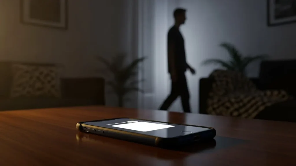 リビングのテーブルに置かれたスマホの通知と背後の夫のシルエット