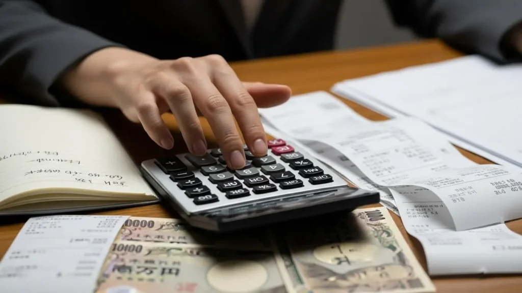 確定申告のために電卓で経費と収入を計算する様子