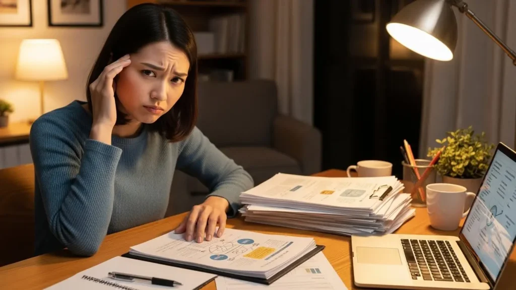 インボイス制度などの難しい書類手続きに悩み困惑する女性