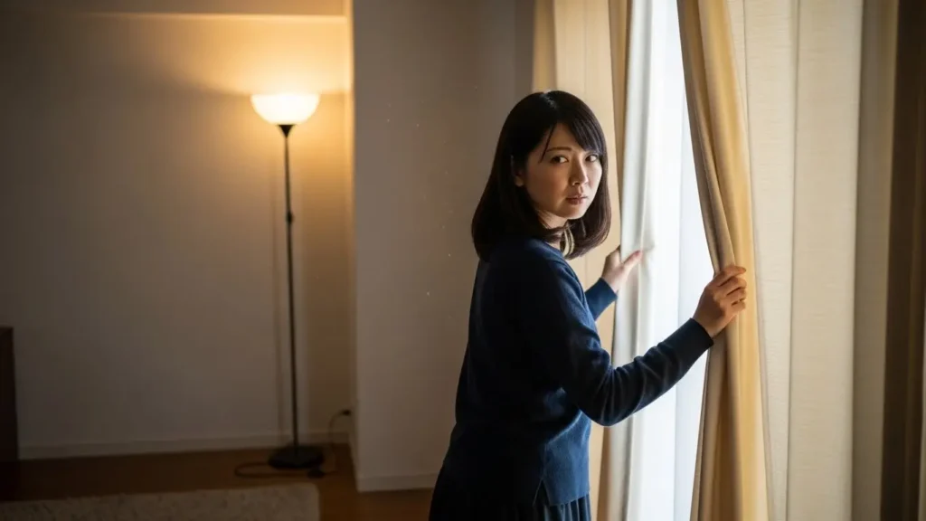 部屋の背景から場所が特定されないようにカーテンを閉める様子