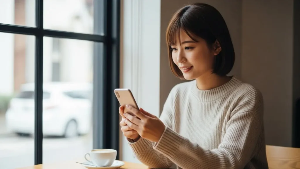 カフェでスマートフォンを操作しパパ活アプリのプロフィールを作成している日本人女性