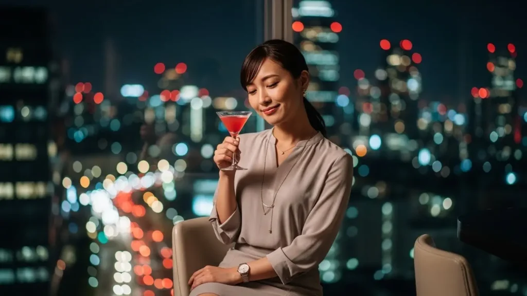 仕事帰りに夜景の見えるラウンジで癒やしの時間を過ごす社会人女性