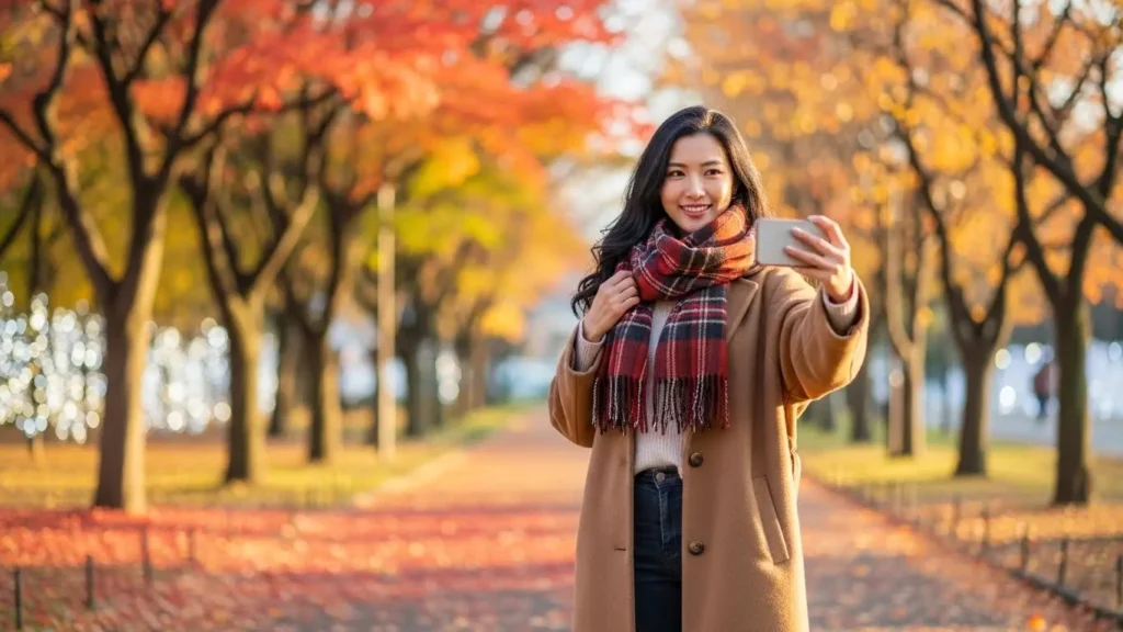 季節感を取り入れたプロフィール写真を撮影している女性