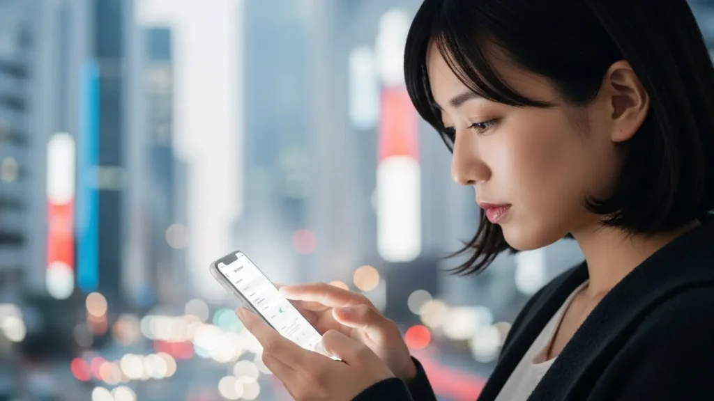 個人情報の映り込みや身バレに注意を払いスマホを確認する女性