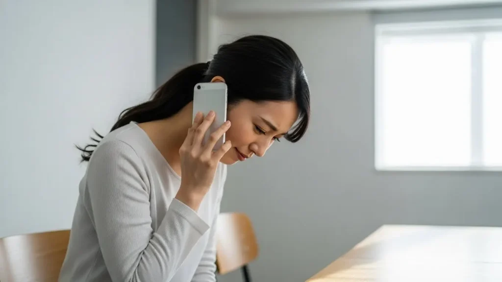 顔合わせ当日に急な体調不良などでキャンセルするため、誠意を持って電話連絡をする女性