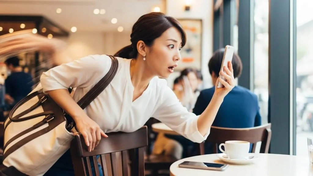 緊急の用事が入ったふりをして、顔合わせの場から素早く立ち去ろうとする女性の演技