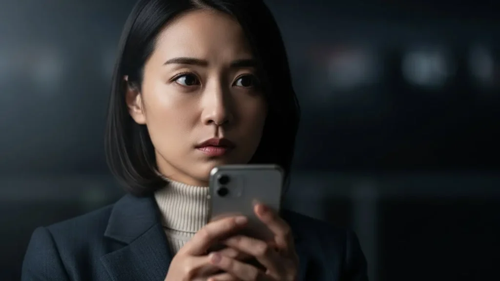 ストーカーやトラブルを回避するために、慎重にパパ活の断り方を考えている女性の真剣な表情