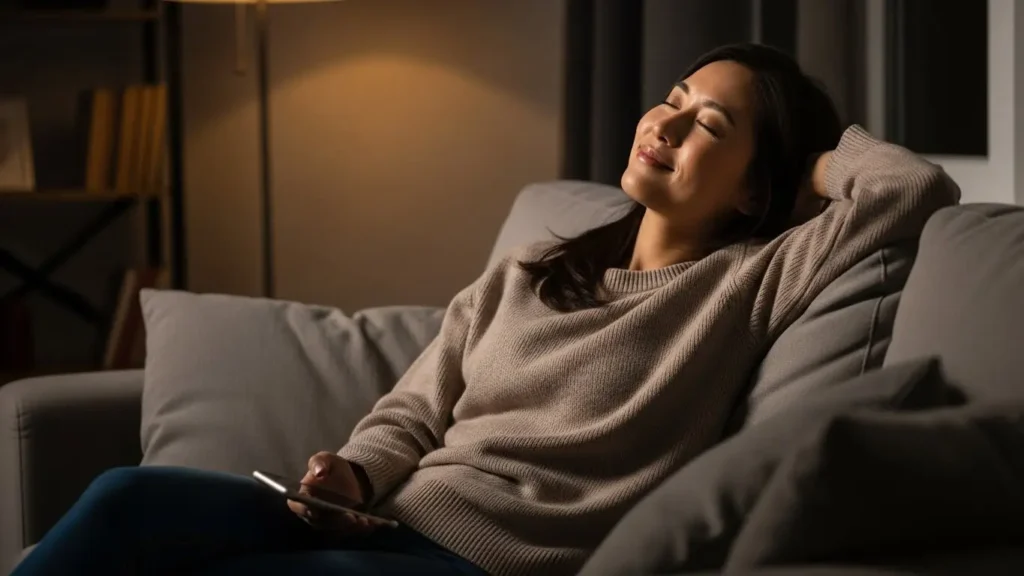 パパ活デート後のお礼LINEで関係終了を伝え、ほっと一息ついている女性