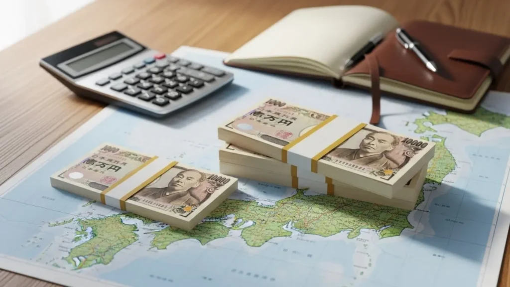 日本地図と現金を使用したパパ活お手当の地域別相場イメージ