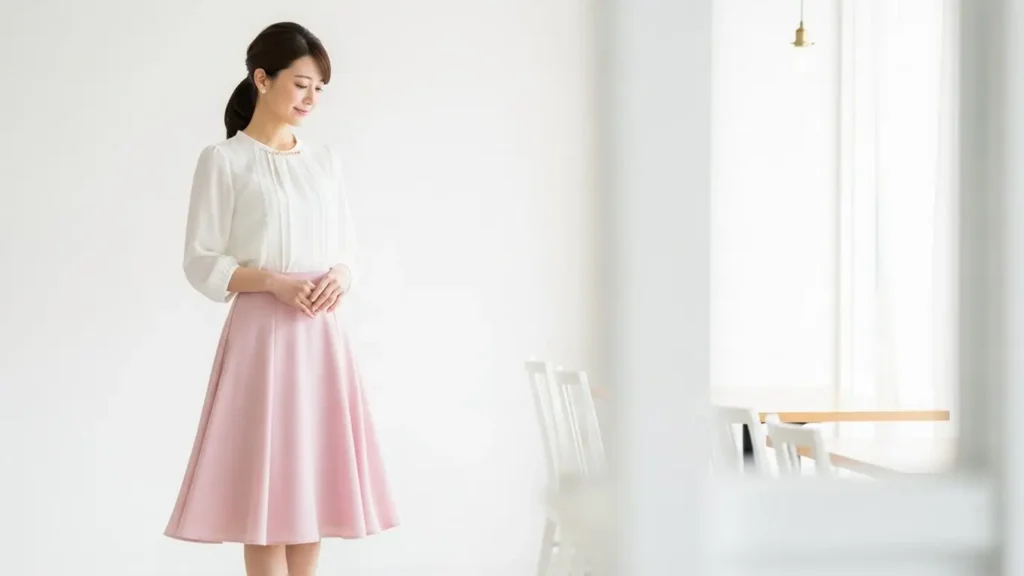 パパ活で好まれる女子アナ風の清楚な白ブラウスとパステルカラースカートの服装