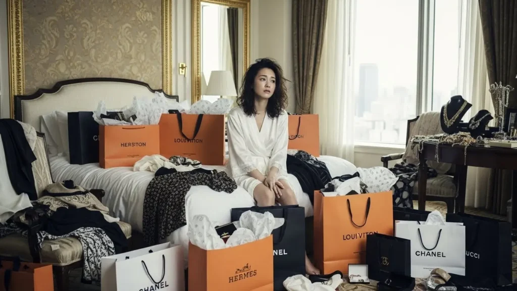 高級ブランド品に囲まれながらも金銭感覚が麻痺し将来に不安を感じる女性