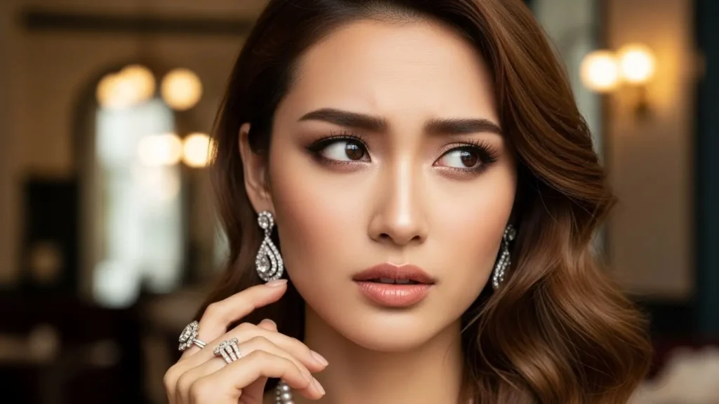 「パパ活してそう」という言葉の真意（悪口か褒め言葉か）を測りかねている、華やかな身なりの女性の表情