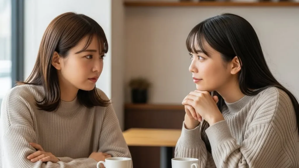 友人のパパ活の告白を頭ごなしに否定せず、親身になって優しく話を聞く女性の様子